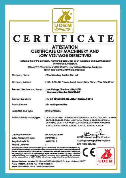 จีน Wuxi Wondery Industry Equipment Co., Ltd รับรอง